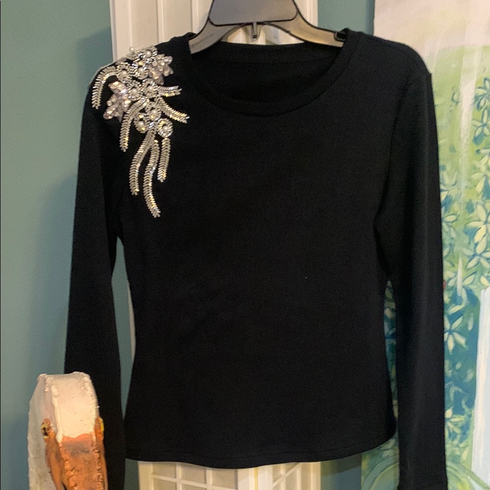 SHEIN Black Embellished Blouse with Silver Details